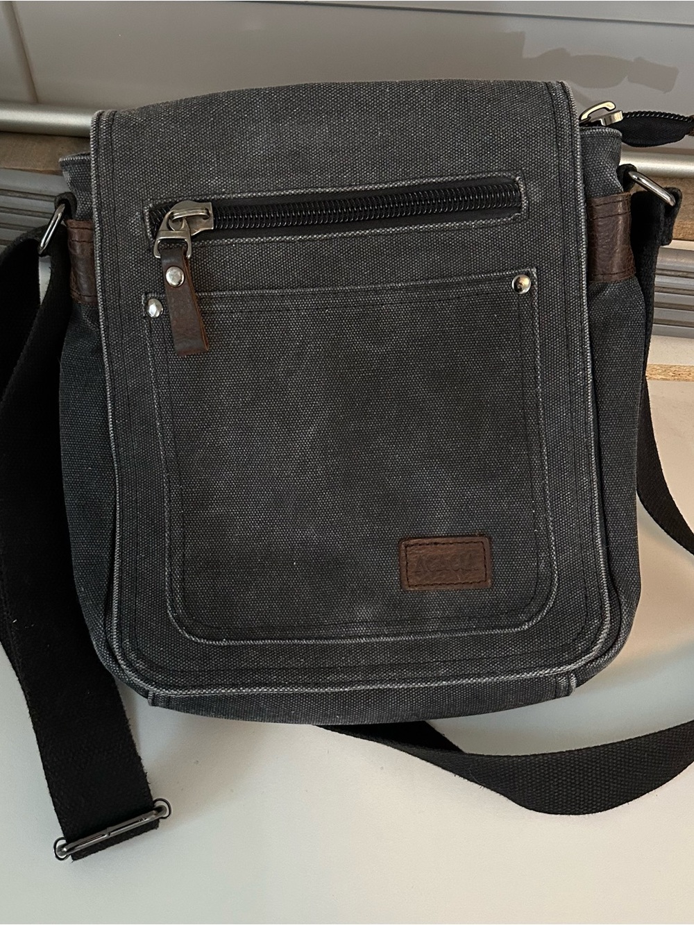 Acacia Canvas Crossbody Messenger Bag Black/Gray Brown Leather Trim Unisex
